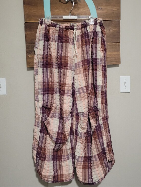 Free People Pants - Free People Peach Plaid Wide-Leg Find The Time Textured Lounge Pants Large